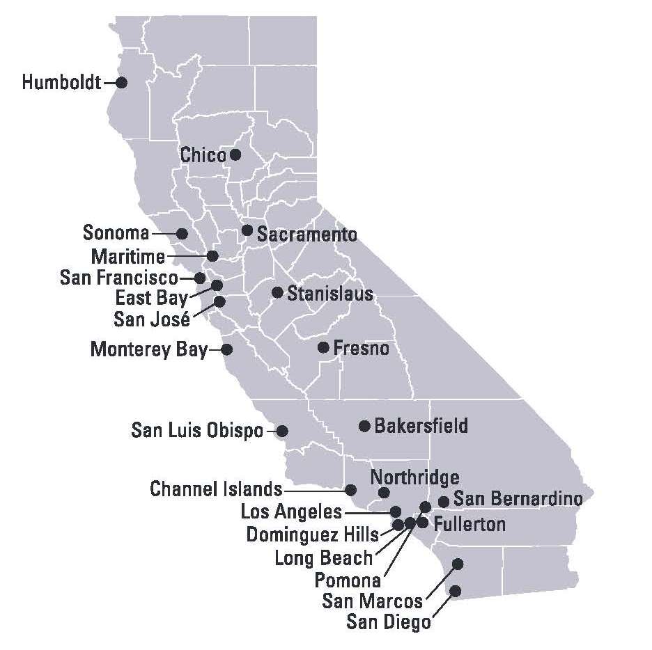 Image of California map showing placement of each CSU campus